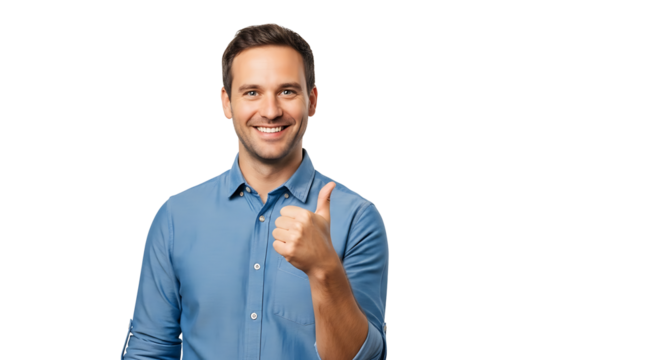 Enthusiastic man in a blue shirt, smiling broadly and giving a thumbs up, isolated against a clean, transparent background.