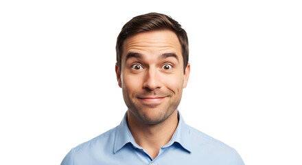 A man with wide eyes looks directly at the viewer, expressing surprise and a hint of amusement in a studio setting.