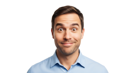 A man with wide eyes looks directly at the viewer, expressing surprise and a hint of amusement in a studio setting.