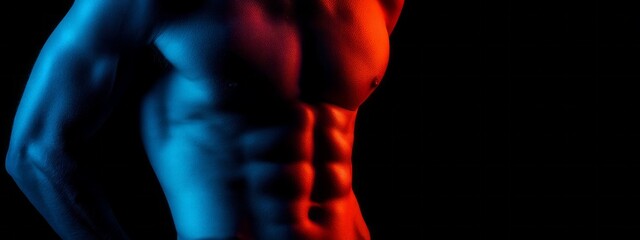 A toned male torso stands out with sharp muscle definition illuminated by vibrant blue and red lights. The scene captures a blend of strength and artistic flair in an urban backdrop, evoking energy
