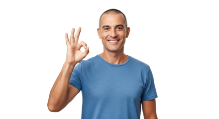 An man displaying an "Okay" gesture with a content smile against transparent background conveys positive affirmation.