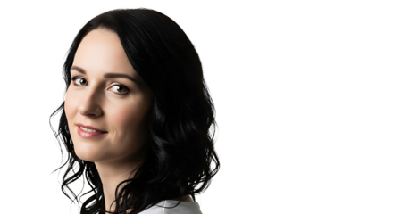 Portrait of a young woman with black hair, fair skin, and green eyes in a half body, gazing at the camera.