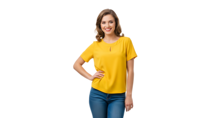 Confident young woman in a vibrant yellow blouse, posing with hand on hip, radiating joy and approachable style.