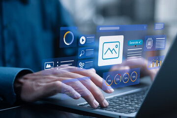 SGE, Search Generative Experience concept. Businessman using laptop with AI Landing Page builder generation tools. Create a website with AI powered web design.