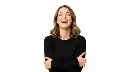 A laughing brunette woman with a contagious smile in a black top stands against a transparent background looking upbeat.