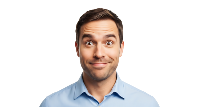 A man with wide eyes looks directly at the viewer, expressing surprise and a hint of amusement in a studio setting.