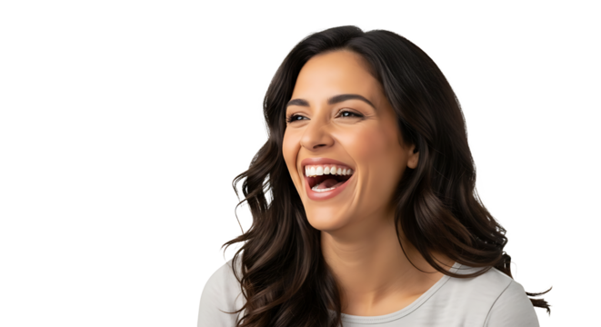 A radiant woman is captured in a moment of pure joy, her infectious laughter lighting up her face in genuine delight.