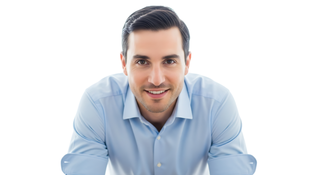 A smiling and cheerful man in a light blue shirt looks directly at the camera. He exudes confidence and sincerity.