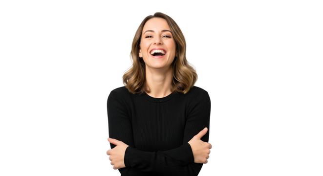 A laughing brunette woman with a contagious smile in a black top stands against a transparent background looking upbeat.