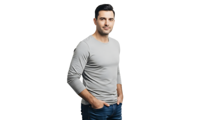 Portrait of a man in casual clothes, set against a transparent background, showcasing his simple, stylish look with confidence.