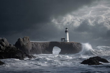 Storm-Lashed Lighthouse On Basalt Sea Arch With Rescue Team Crossing Tidal Causeway, Exploding Waves, Dramatic Clouds, Coastal Safety, Extreme Weather, Maritime Rescue, Rugged Cliffs