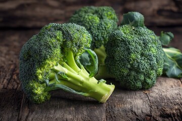 Rustic Green Broccoli Crowns Displayed on a Wooden Counter, Fresh and Organic Vegetable for Healthy Living
