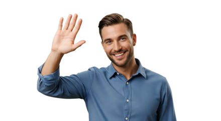 Smiling man in a blue shirt waving his hand in greeting or goodbye, looking directly at the viewer with a friendly expression.