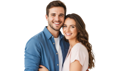 A happy couple pose, smiling brightly at the camera, exuding joy and togetherness in their cheerful embrace.