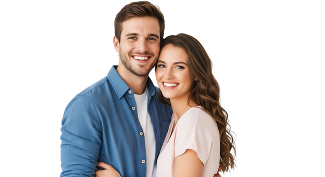 A happy couple pose, smiling brightly at the camera, exuding joy and togetherness in their cheerful embrace. - Powered by Adobe