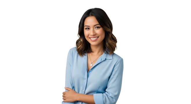 A smiling woman with dark brown hair poses in a blue button down shirt and pendant necklace on a transparent background.