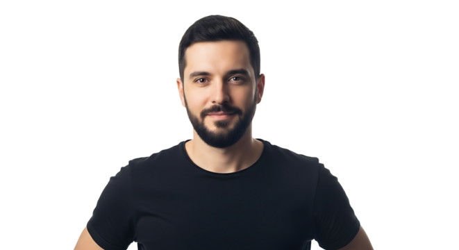 A headshot of a brunette man with a well-groomed beard, gazing directly at the camera against a stark transparent background.
