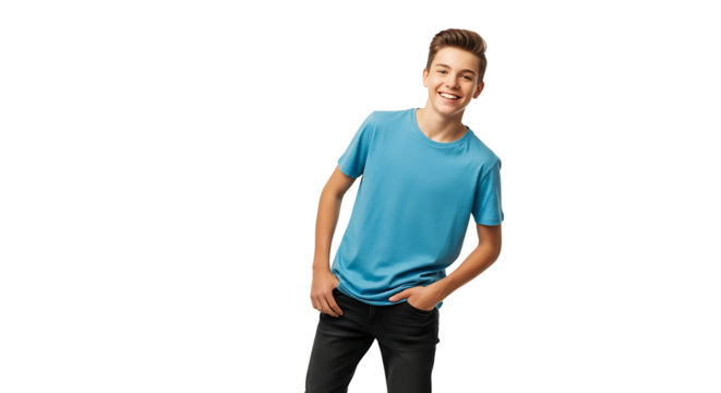 A youthful teenager with a bright smile stands casually with hands in his pockets. He is dressed in relaxed attire.