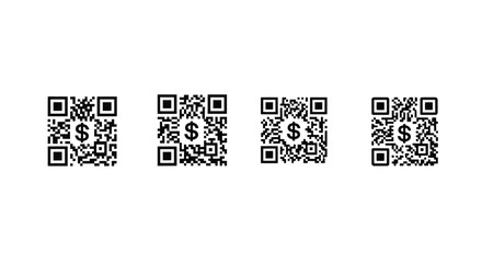 Fototapeta premium Four qr codes showing different symbols for financial transactions and data access vector