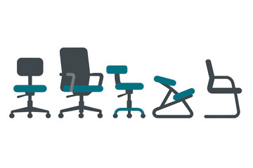 Obraz premium Set of modern office chairs including ergonomic, kneeling, swivel, and standard desk seating