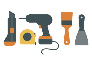 Essential home renovation and construction tools set including power drill and measuring tape