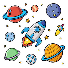 Space theme stickers set for kids printable editable vector icons rocket astronaut space background pattern elements 