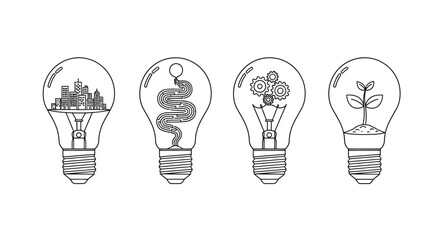 Four diverse lightbulbs representing innovation ideas health and growth concepts vector