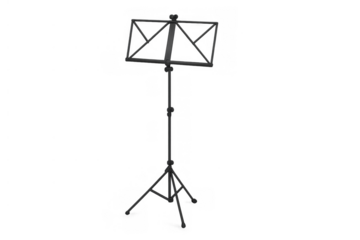 Black music stand with tripod base, ready for holding sheet music during musical performances