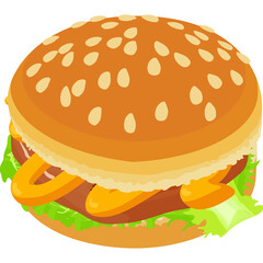 Stylized Isometric Hamburger Icon with Sesame Seed Bun Lettuce and Cheese on a Transparent Background