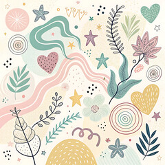 Fototapeta premium Whimsical abstract pattern with hearts leaves and stars soft pastel colors whimsical design illustration