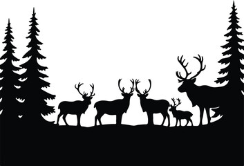 Vector reindeer family standing in forest monochrome black silhouette illustration
