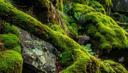 Fototapeta premium Vibrant green moss blankets ancient forest rocks and fallen branches creating a lush, enchanting natural wonderland