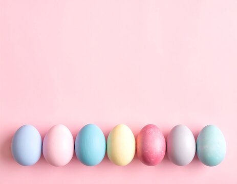 Pastel Easter eggs in a row on a pink background - Powered by Adobe