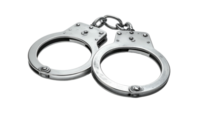 Metal handcuffs with a chain on a black background, reflecting light