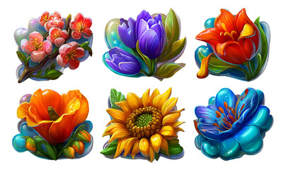 Vibrant Collection of Colorful Floral Illustrations Isolated on Transparent Background