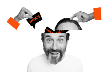 Creative collage picture crazy man news propaganda brainwashing textbox reply message mind control sleeve hands body fragments