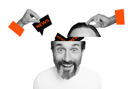 Creative collage picture crazy man news propaganda brainwashing textbox reply message mind control sleeve hands body fragments