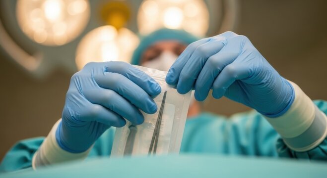 Close-up of nurse in blue gloves carefully unwrapping sterile surgical instruments in operating room. Perfect for healthcare, surgery prep, and sterile environment content.