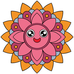 Vector art of cute flower mandala with a happy face, a whimsical and colorful design perfect for childrens projects and crafts