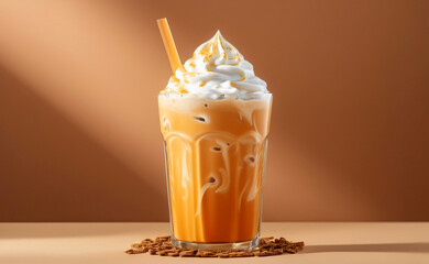 A glass of  iced Thai tea blended with milk, topped with whipped cream. on brown wall background.  Popular Thai drinks. 