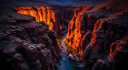 Aerial view of a canyon with a river running through it during sunset with orange rock formations ai generated