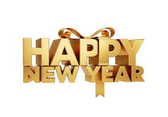 Golden happy new year 3d text with ribbon isolated on transparent background