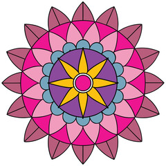 Vector art of colorful geometric mandala, showcasing a vibrant mix of pink, purple, and yellow in a symmetrical and intricate design