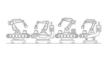 Automated robotic arms on conveyor belts industrial manufacturing assembly line production process vector