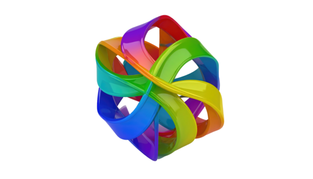 Rainbow looped bands entwine into a 3D symmetrical, twisting cube against a stark black backdrop