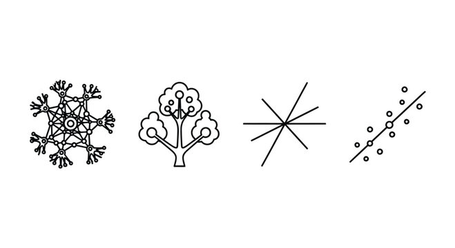 Set of four abstract graphic icons representing nature science technology and data analysis vector