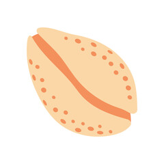 Simple small sandy yellow cowrie shell with central slit and dots, minimalist and cute design, isolated in flat vector cartoon style. For summer, marine, vacation, beach, sea, ocean themed design.