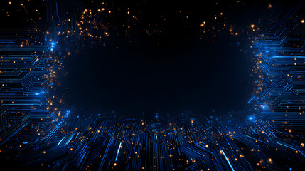 Abstract digital circuit board design with blue and gold elements 