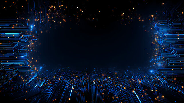 Abstract digital circuit board design with blue and gold elements 