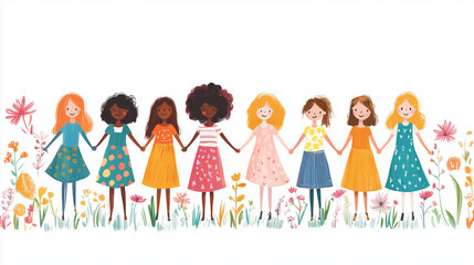 Fototapeta premium Group of diverse girls holding hands, International Day of the Girl Child.